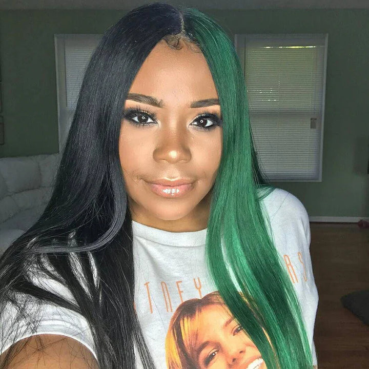 Blinghair Half Black Color Human Hair Straight Lace Front Wig