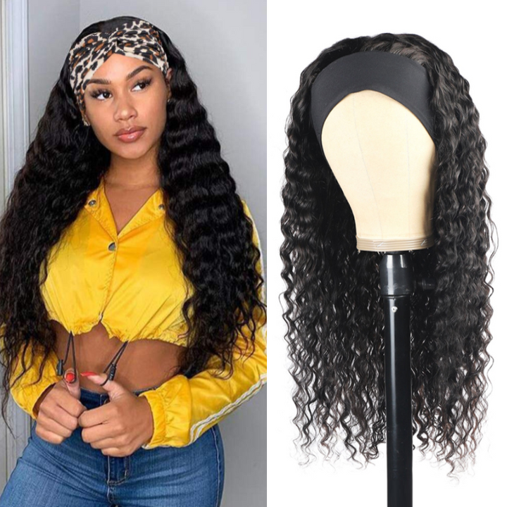 Deep Wave Glueless Headband Wig 180% 220% Density Human Hair Wigs For Black Women Bling Hair
