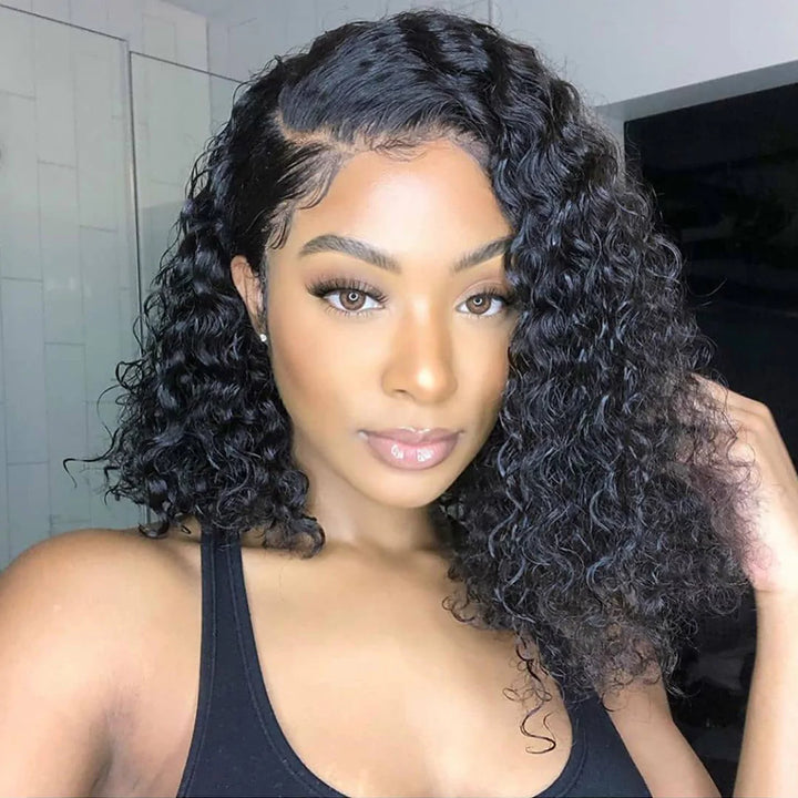 Short Deep Curly Transparent Lace Bob Wigs High Density Human Hair Wig