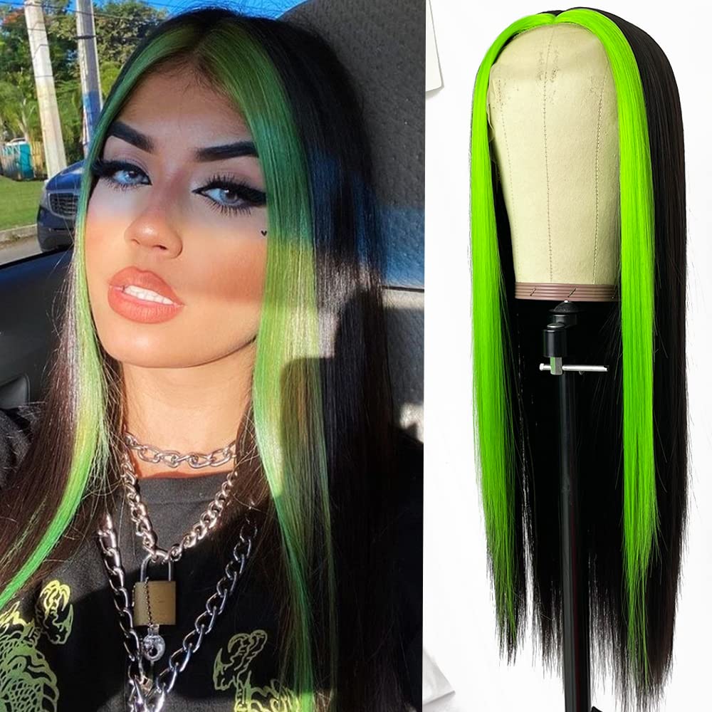 Green Skunk Stripe Color Wig Transparent Lace Front Wigs