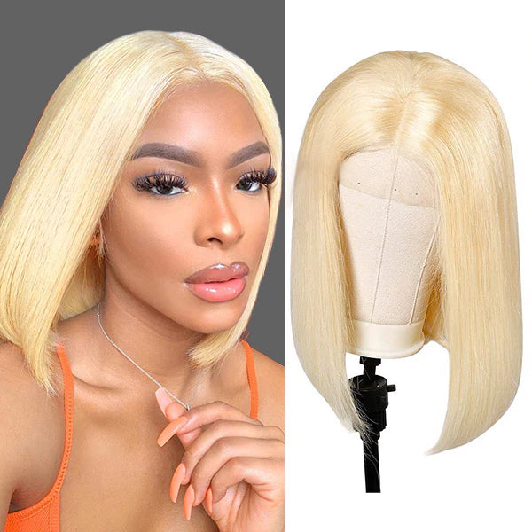 613 Blonde Short Bob Straight 13*4 Lace Front Human Hair Wigs 4*4 Lace Closure Wig