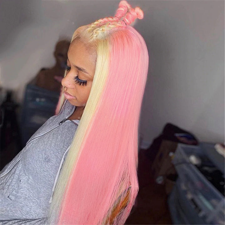 Blonde & Pink Skunk Stripe Color Wig Transparent Lace Wig