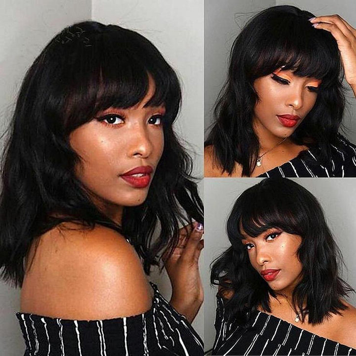 Bob Wig With Neat Bangs Glueless Super Affordable Machine Made Virgin Hair Brazilian Body Wave Human Hair Wigs Bling Hair