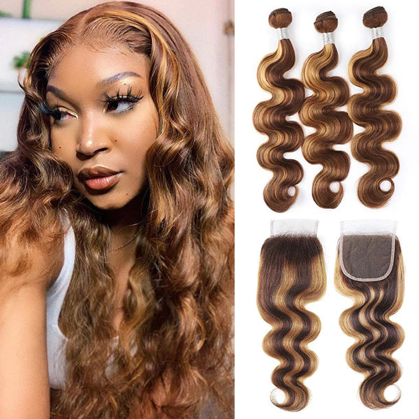 P427 Ombre Body Wave 3 Bundles With 4×4 Closure 100% Virgin Hair