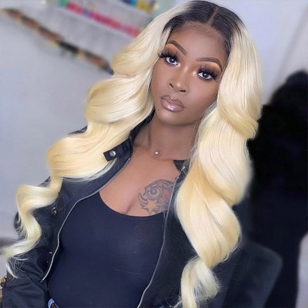 Body Wave Dark Roots Blonde 13x4 Lace Front Human Hair Wig 1B613 Color