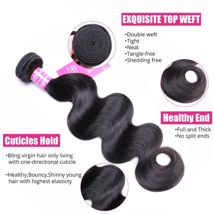 Body Wave 4 Pics Virgin Hair Bundles With 4×4 Closure Free Part 15A Grade Bling Hair