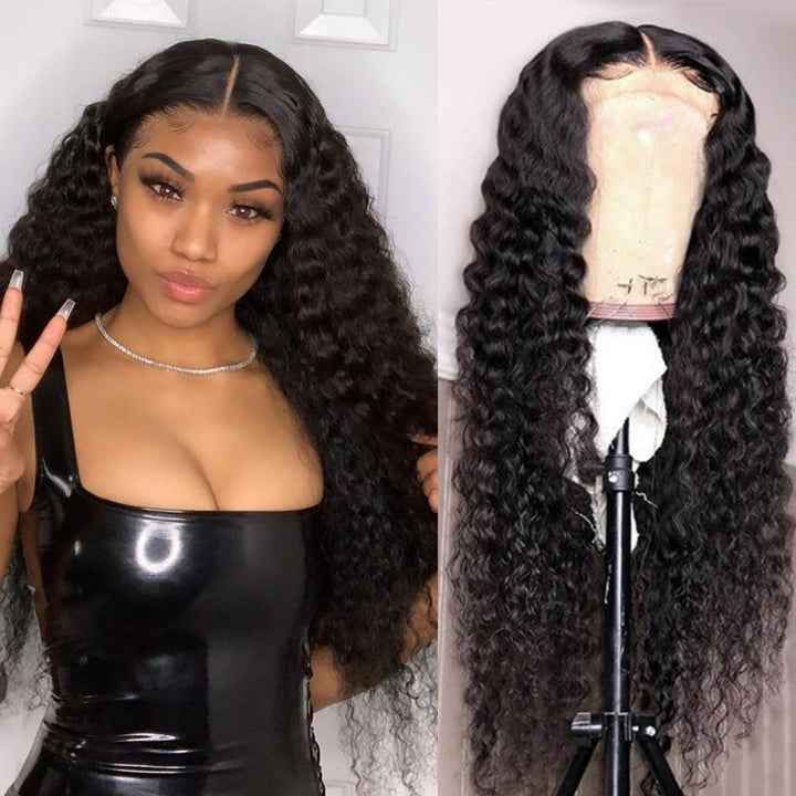 Deep Wave 4*4 Transparent Lace Closure Wigs Brazilian Human Hair Wigs Bling hair