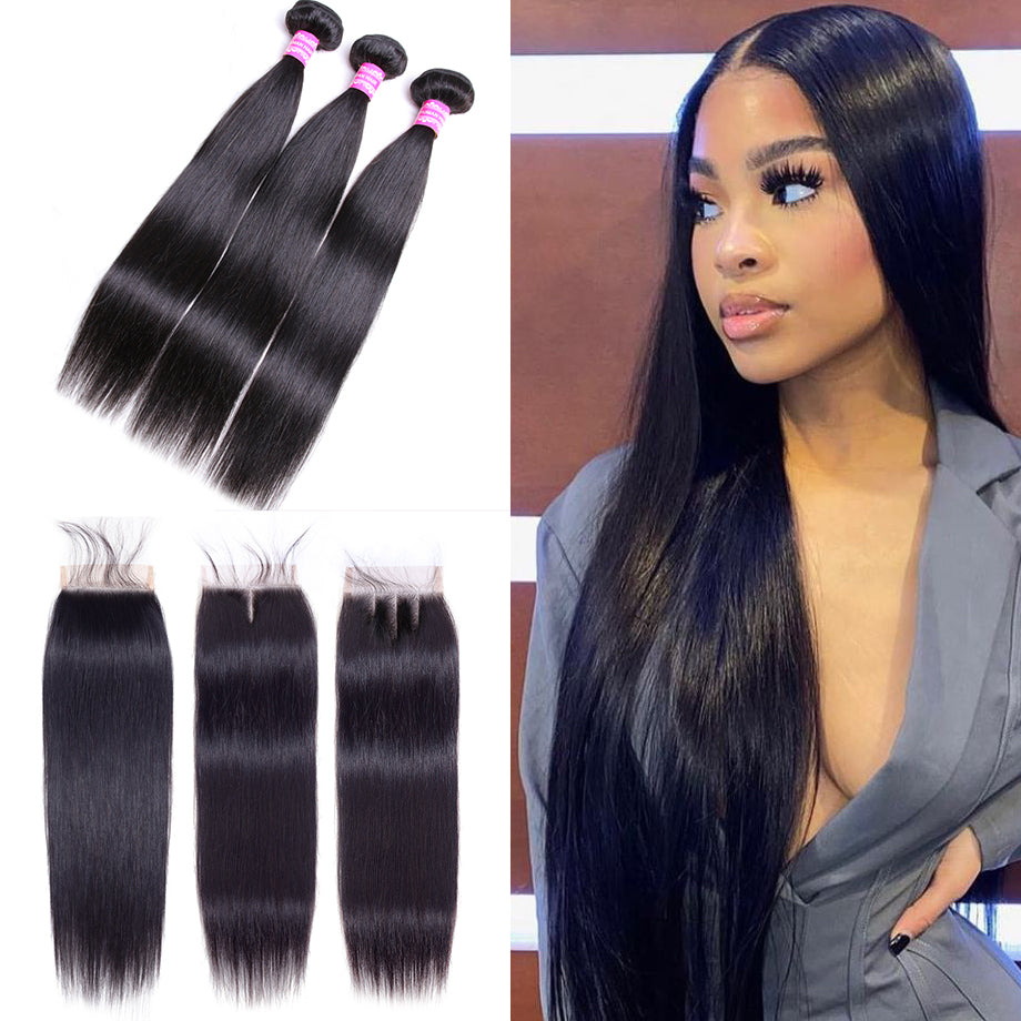 Brazilian Straight 3 Bundles With 4×4 Closure 10A Grade 100% Human hair