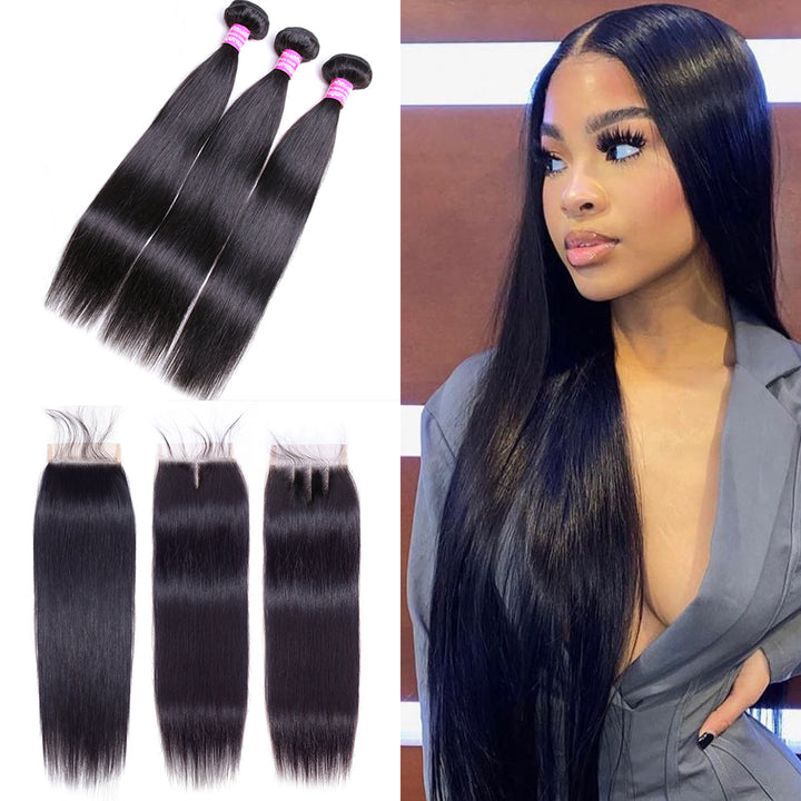 Brazilian Straight 3 Bundles With 4×4 Closure 10A Grade 100% Human hair