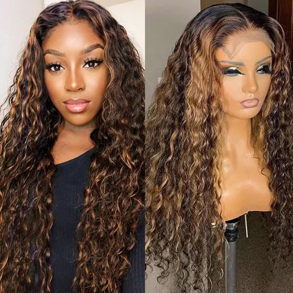 Omber Brown Blonde Highlight Lace Wig Ombre Color Long Curly Human Hair Wigs