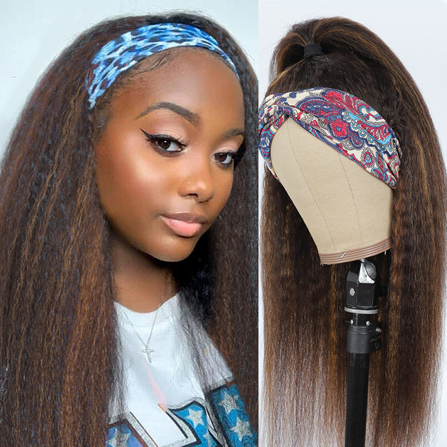 Brazilian Kinky Straight Glueless Headband Wig Ombre #4/27 Human Hair Wigs 150%&180 Density Bling Hair - Bling Hair