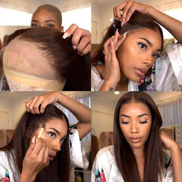 Chocolate Straight Transparent Lace Frontal Wig Pre Plucked With Baby Hair
