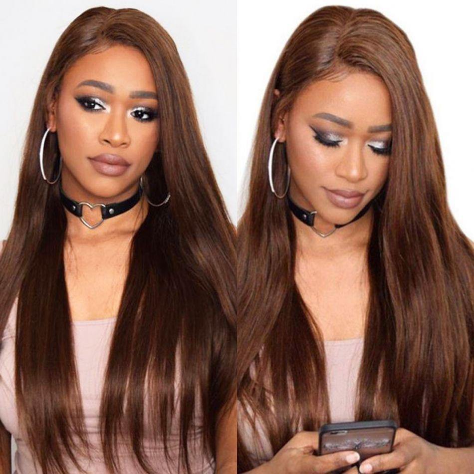 Chocolate Straight Transparent Lace Frontal Wig Pre Plucked With Baby Hair