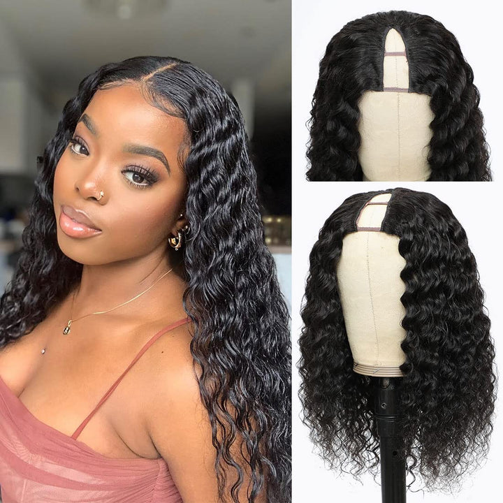 Drawstring Pull Go Wig | Deep Wave Curly V Part Glueless Wig Beginner Friendly Undetectable Leave Out Natural Scalp Thick Human Hair Blinghair