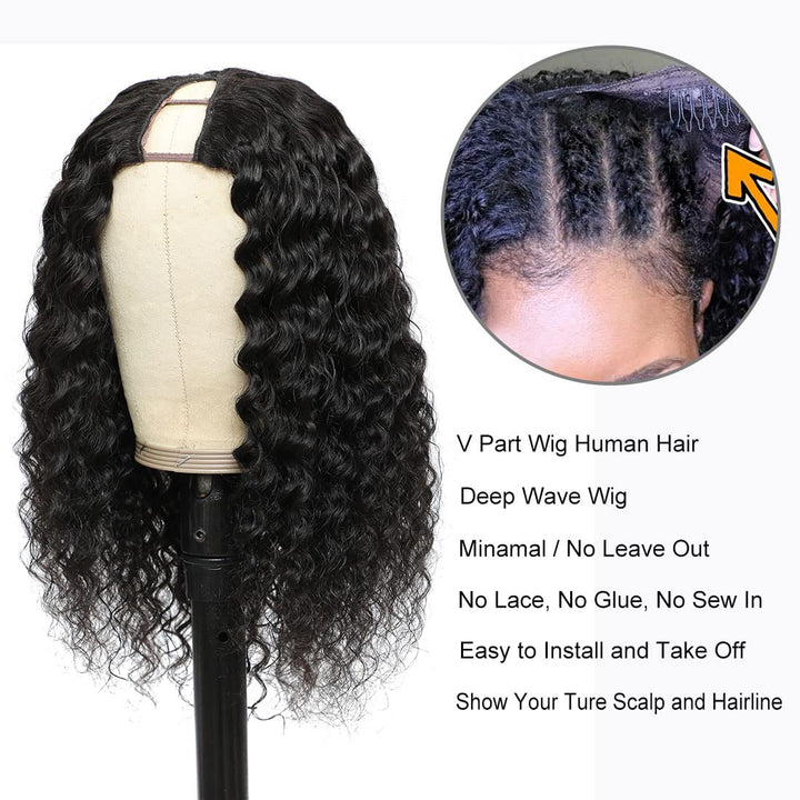 Drawstring Pull Go Wig | Deep Wave Curly V Part Glueless Wig Beginner Friendly Undetectable Leave Out Natural Scalp Thick Human Hair Blinghair