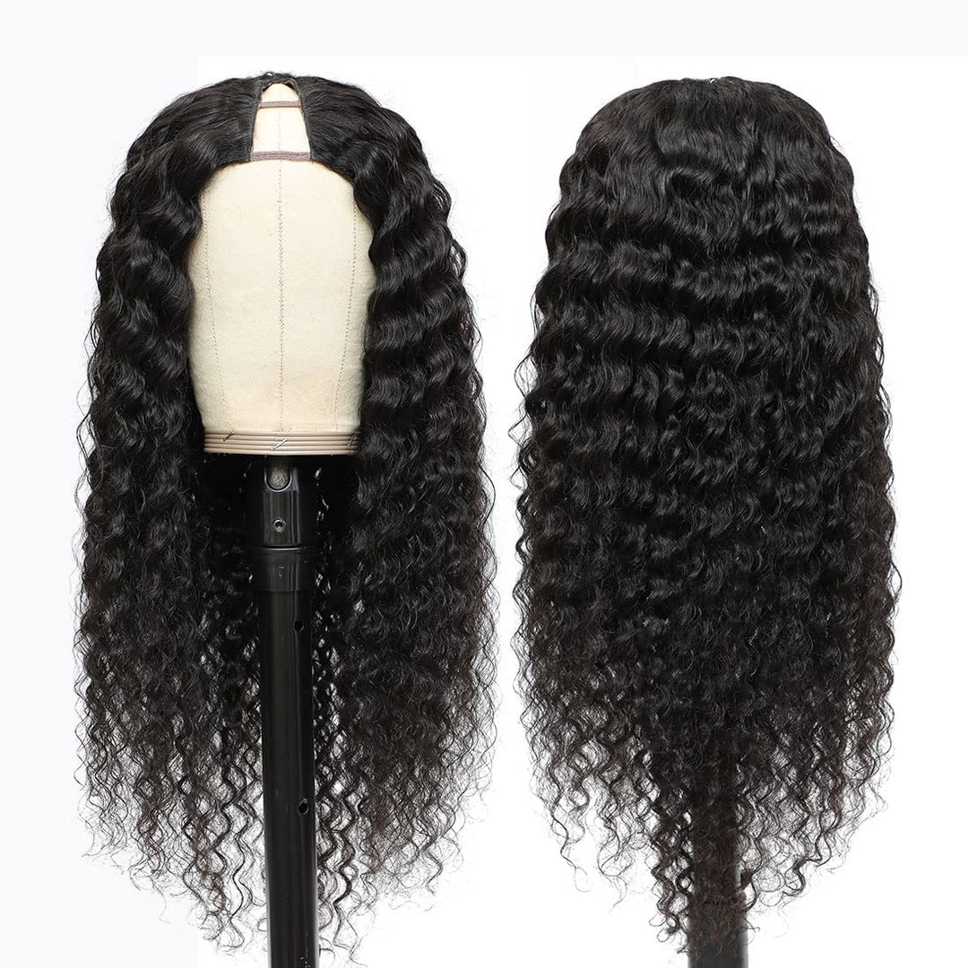 Drawstring Pull Go Wig | Deep Wave Curly V Part Glueless Wig Beginner Friendly Undetectable Leave Out Natural Scalp Thick Human Hair Blinghair