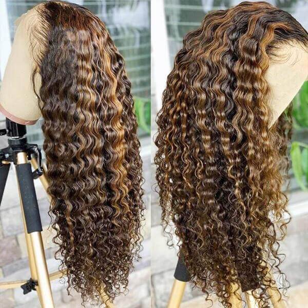 Omber Brown Blonde Highlight Lace Wig Ombre Color Long Curly Human Hair Wigs