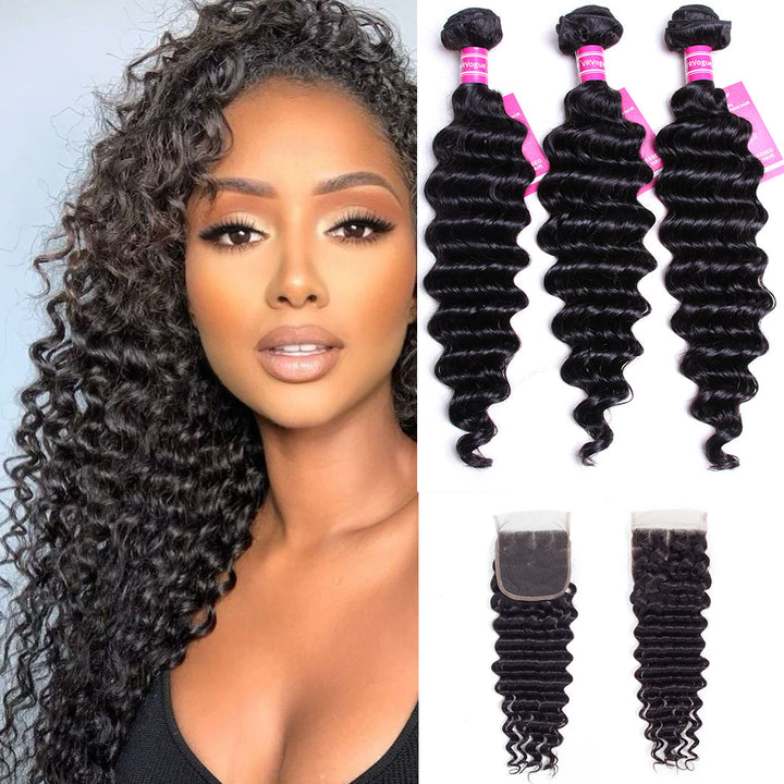 Deep Wave 3 faisceaux avec fermeture 4 × 4 100% cheveux vierges Bling Hair