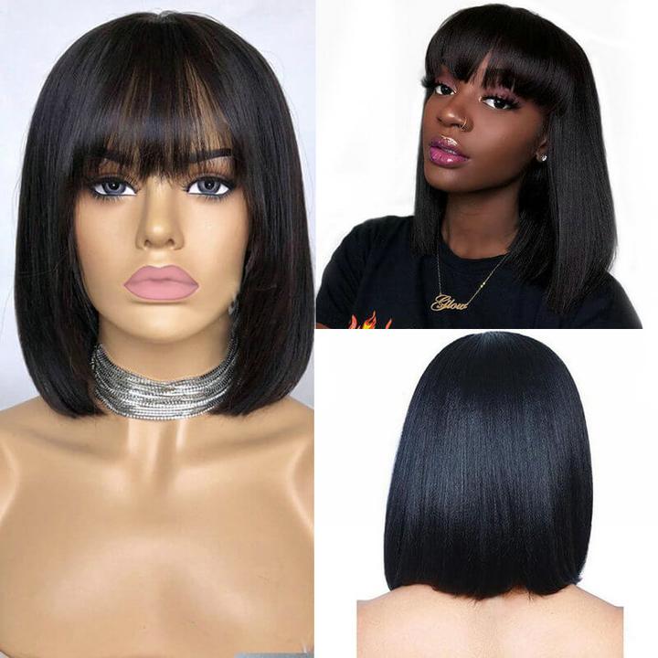 Straight Human Hair Short Bob Wig With Bangs Glueless Full Machine Made Fringe Wigs