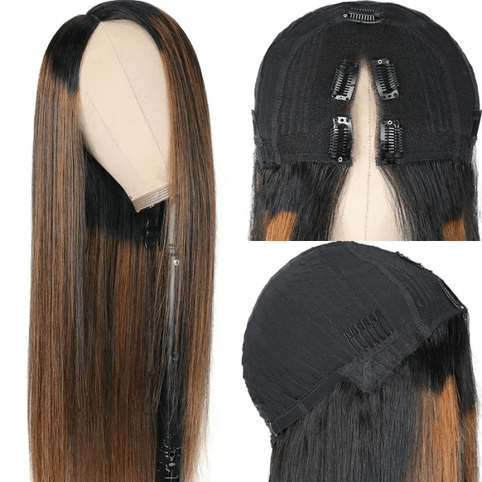 Balayage Highlights Glueless Straight V Part Wig Upgrade U Part Wig