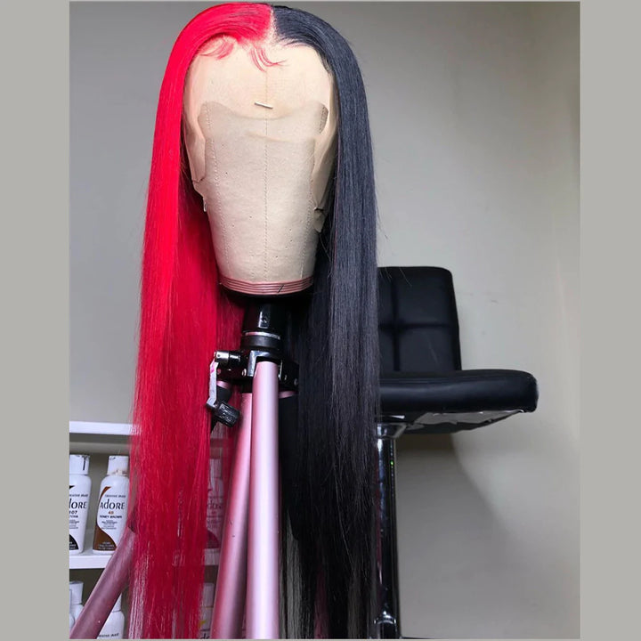 Blinghair Half Black Color Human Hair Straight Lace Front Wig