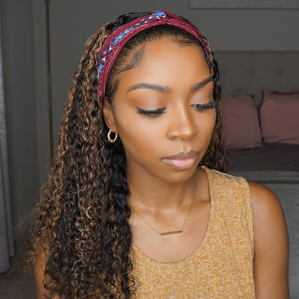 Brazilian Kinky Curly highlighted Wig Ombre #4/27 Ombre Color Glueless Headband Wig 150%&180 Density Human Hair Wigs Bling Hair - Bling Hair