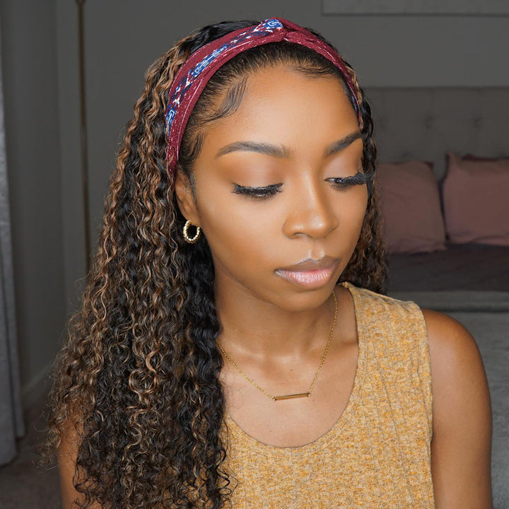 Brazilian Kinky Curly highlighted Wig Ombre #4/27 Ombre Color Glueless Headband Wig 150%&180 Density Human Hair Wigs Bling Hair - Bling Hair