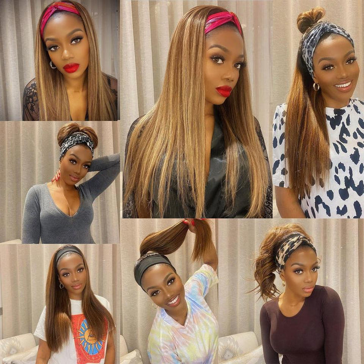 Headband Wig Brazilian Straight Highlight Glueless Human Hair Wigs MIX 4/27 180% 220% Density Bling Hair