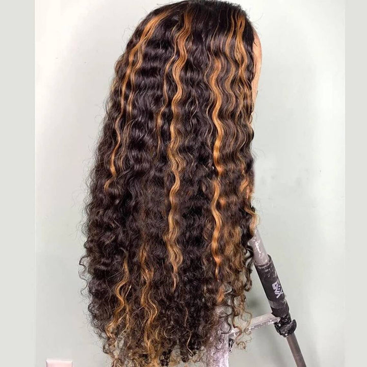 Omber Brown Blonde Highlight Lace Wig Ombre Color Long Curly Human Hair Wigs