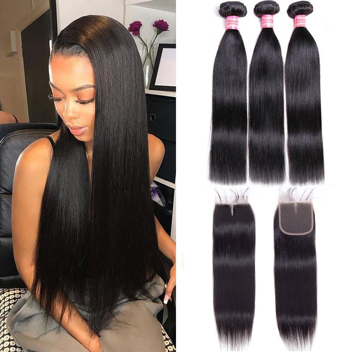 Straight Hair 3 Bundles With 4×4 Closure 100% Virgin Hair Bling Hair