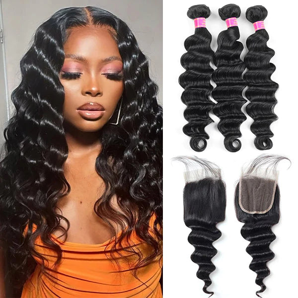 Indian Loose Deep 3 Bundles With 4×4 Closure 15A Grade 100% Human Virgin Hair Bling Hair