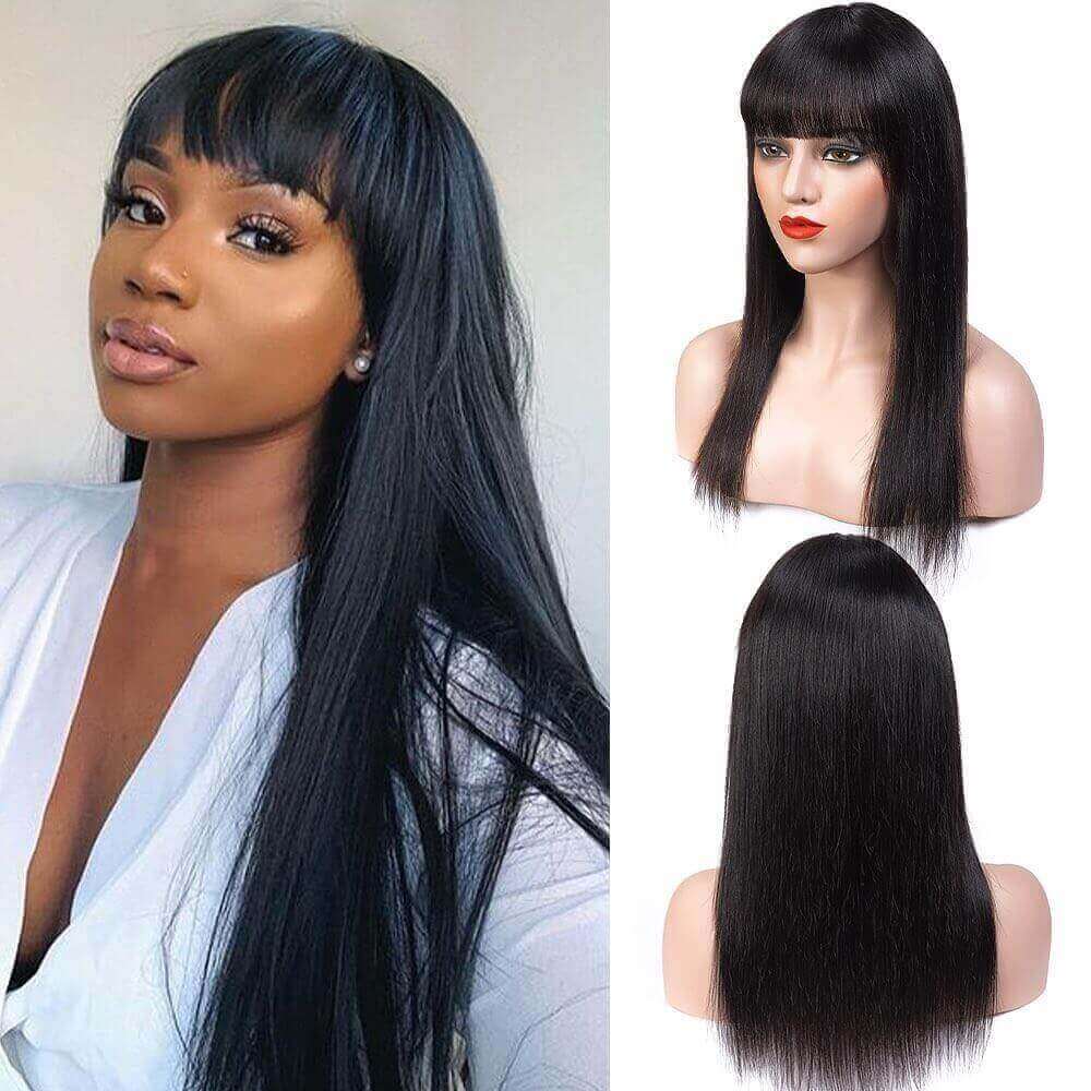 9A Brazilian Straight Human Hair Wigs With Neat Bangs Glueless Super Affordable Machine Made Virgin Hair Wig Bling Hair
