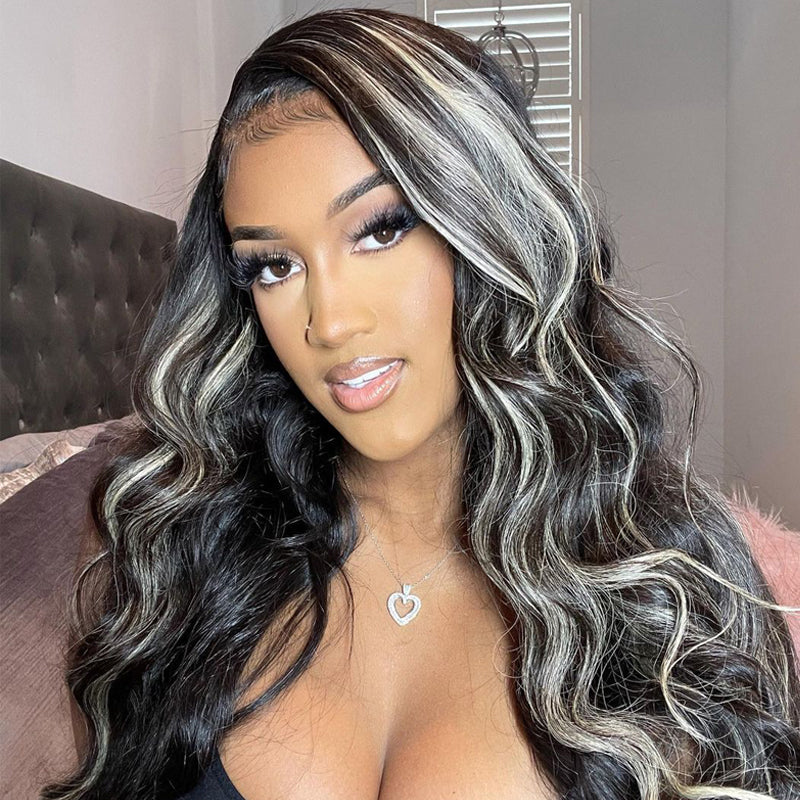 Platinum Blonde Highlight Human Hair Wigs 613 Ombre Half Black Hair Transparent Lace Front Wigs