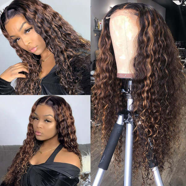 Omber Brown Blonde Highlight Lace Wig Ombre Color Long Curly Human Hair Wigs