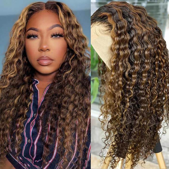Omber Brown Blonde Highlight Lace Wig Ombre Color Long Curly Human Hair Wigs