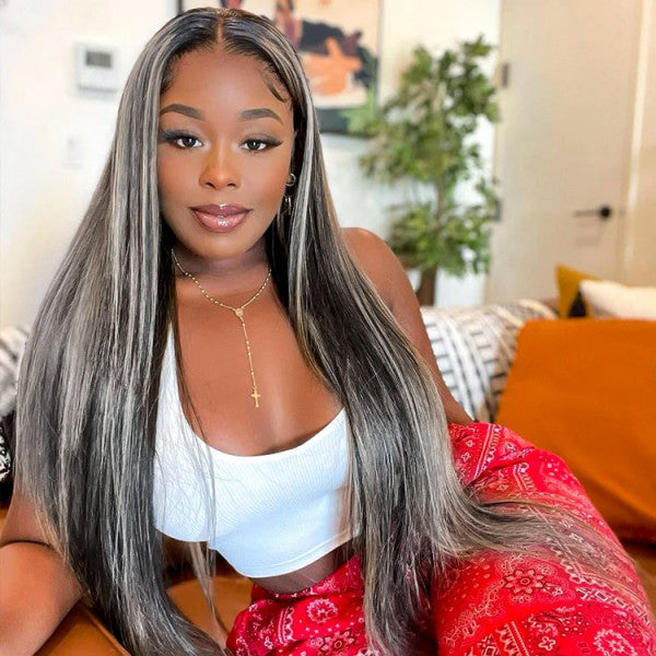 Platinum Blonde Highlight Human Hair Wigs 613 Ombre Half Black Hair Transparent Lace Front Wigs