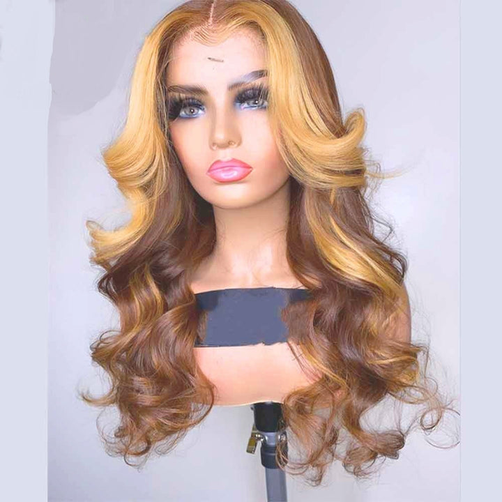 Honey Blonde Mix Brown Highlight Wigs 13x4 / 4x4 Transparent Lace Wigs Body Wave Virgin Hair Pre-Colored Human Hair