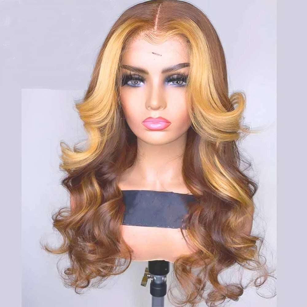 Honey Blonde Mix Brown Highlight Wigs 13x4 / 4x4 Transparent Lace Wigs Body Wave Virgin Hair Pre-Colored Human Hair