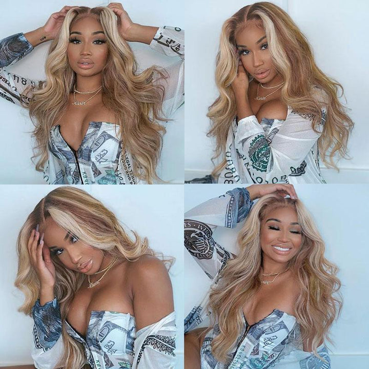 Champagne With Blonde Color Highlight Virgin Wigs Body Wave 13x4 Transparent Lace Wigs Bling Hair