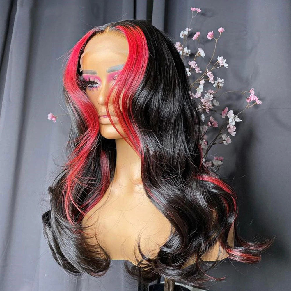 Cherry Red /Blue Skunk Stripe Straight Transparent Lace Front Wigs