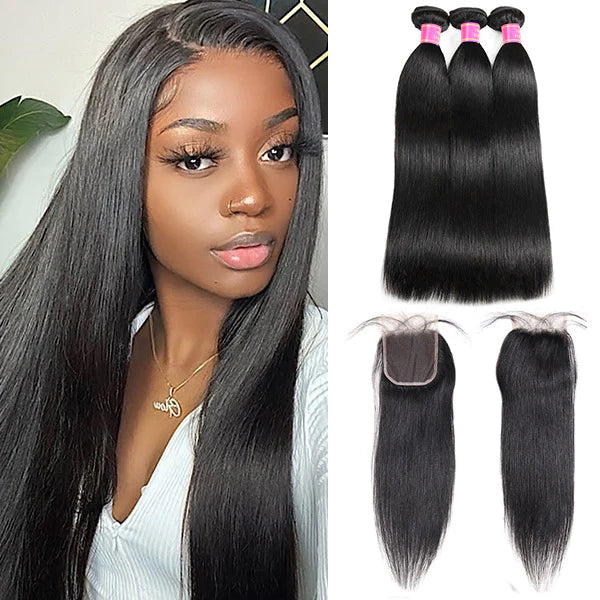 Straight Hair 3 Bundles With 4×4 Closure 100% Virgin Hair Bling Hair