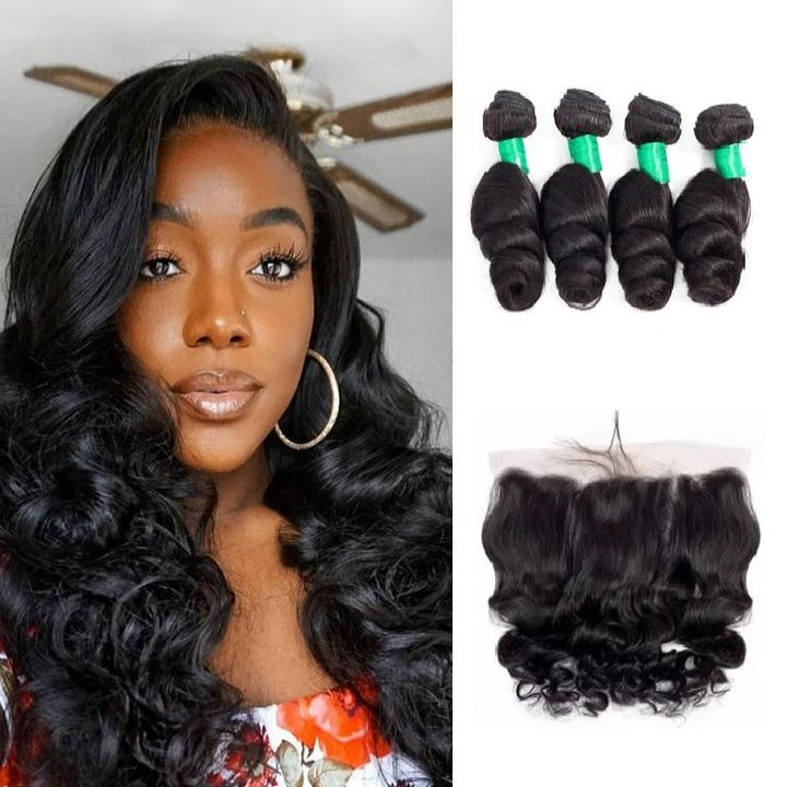 15A Grade Loose Wave Virgin Hair 4 Bundles avec 13 × 4 Frontal Free Part BlingHair 