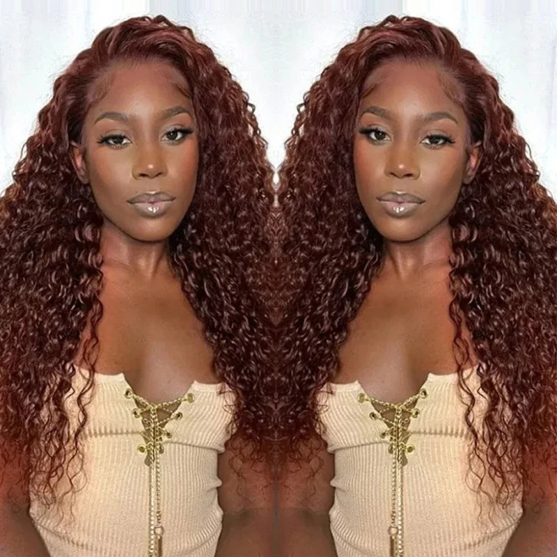 Water Wave  Reddish Brown Lace Front Wig Human Hair Auburn Copper Color for Women