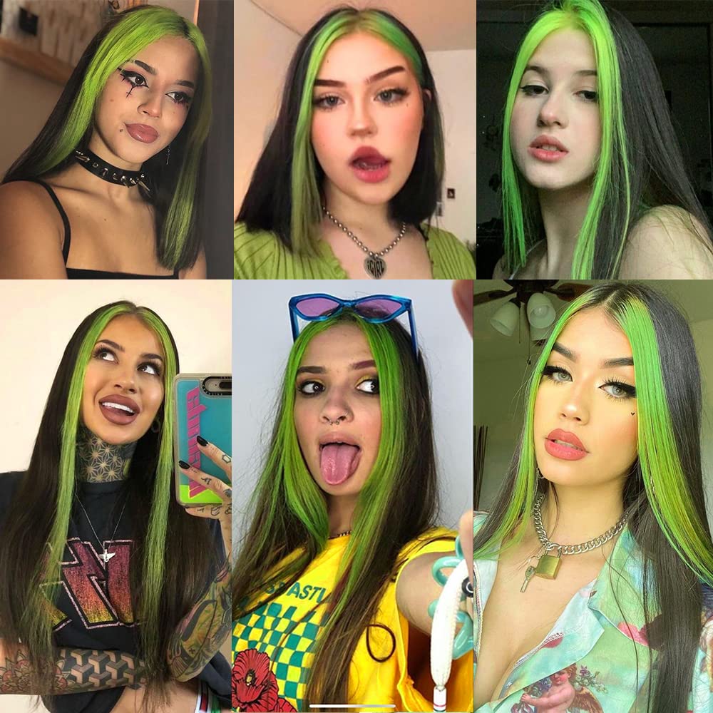 Green Skunk Stripe Color Wig Transparent Lace Front Wigs