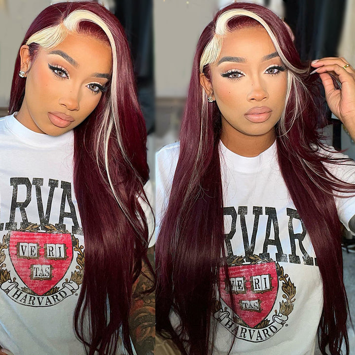 Blonde & Red Wine Skunk Stripe Color Lace Front Wig